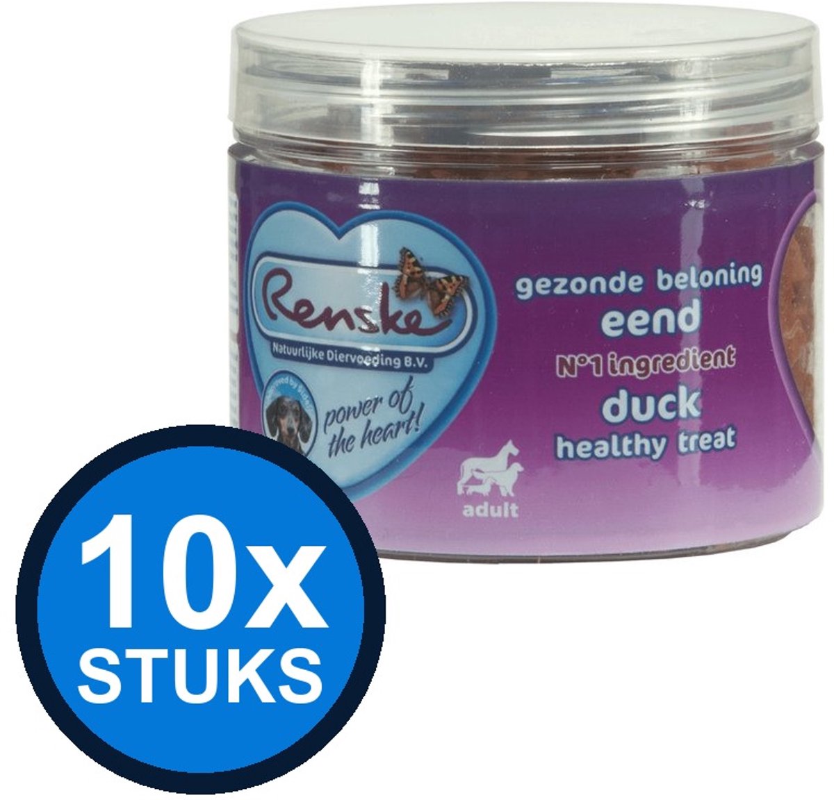 10x Renske - Gezonde beloning mini hartjes hond eend 100gr - Hondenvoer Snacks - 100 g
