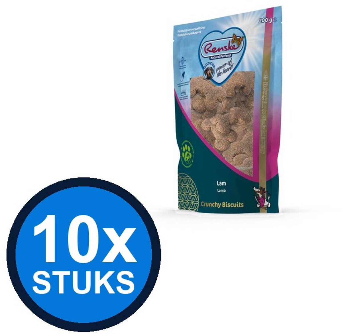 10x Renske - Gezonde beloning hond crunchy lam 200gr - Hondenvoer Snacks - 200 g