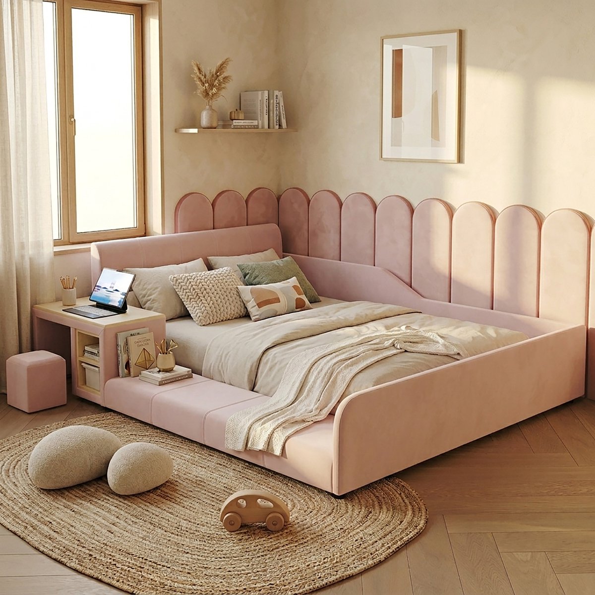 Gestoffeerd Bed 140x200 cm - Eenpersoons Kinderbed Met Bureau, Kruk En Opbergplank - Zonder Matras - Fluweel - Roze