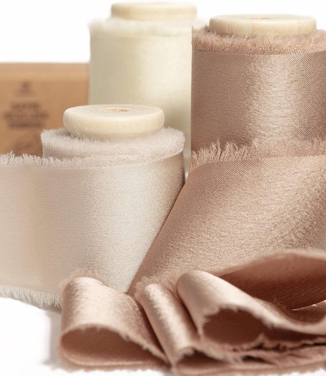 SnelShoppen - Fabric Ribbon Champagne & Nude 3.8cm x 13.7m met Houten Spoel, Handgemaakte Fringe Ribbons voor Cadeauverpakking, Feestdecoraties, DIY K
