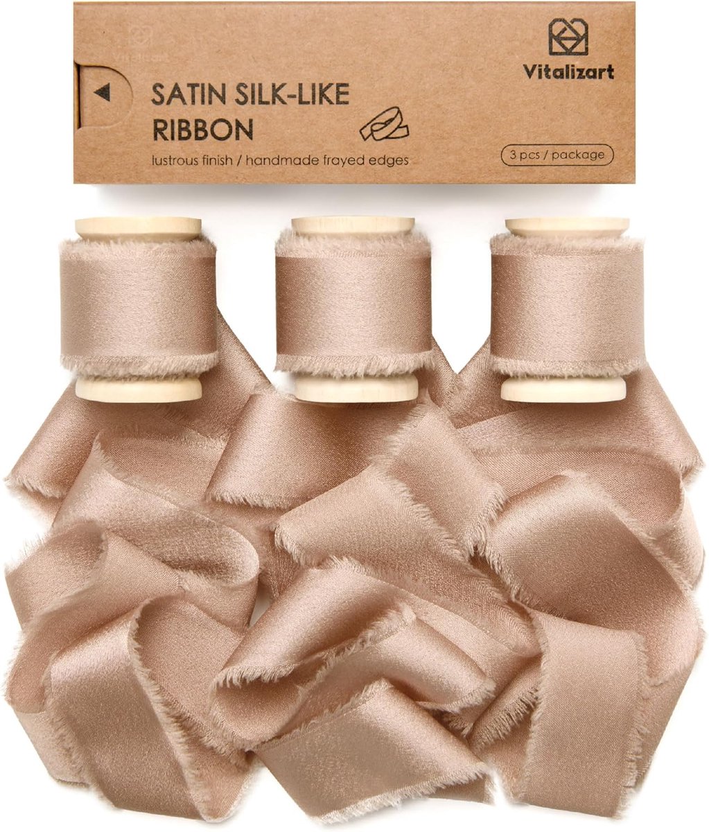 SnelShoppen - Champagne Satin Zijde Ribbons 2.5cm x 13.7m Houten Spoel, Frayed Handgemaakt Cadeau Ribbons voor Feestjes, Babyshowers, Bruiloften, Deco