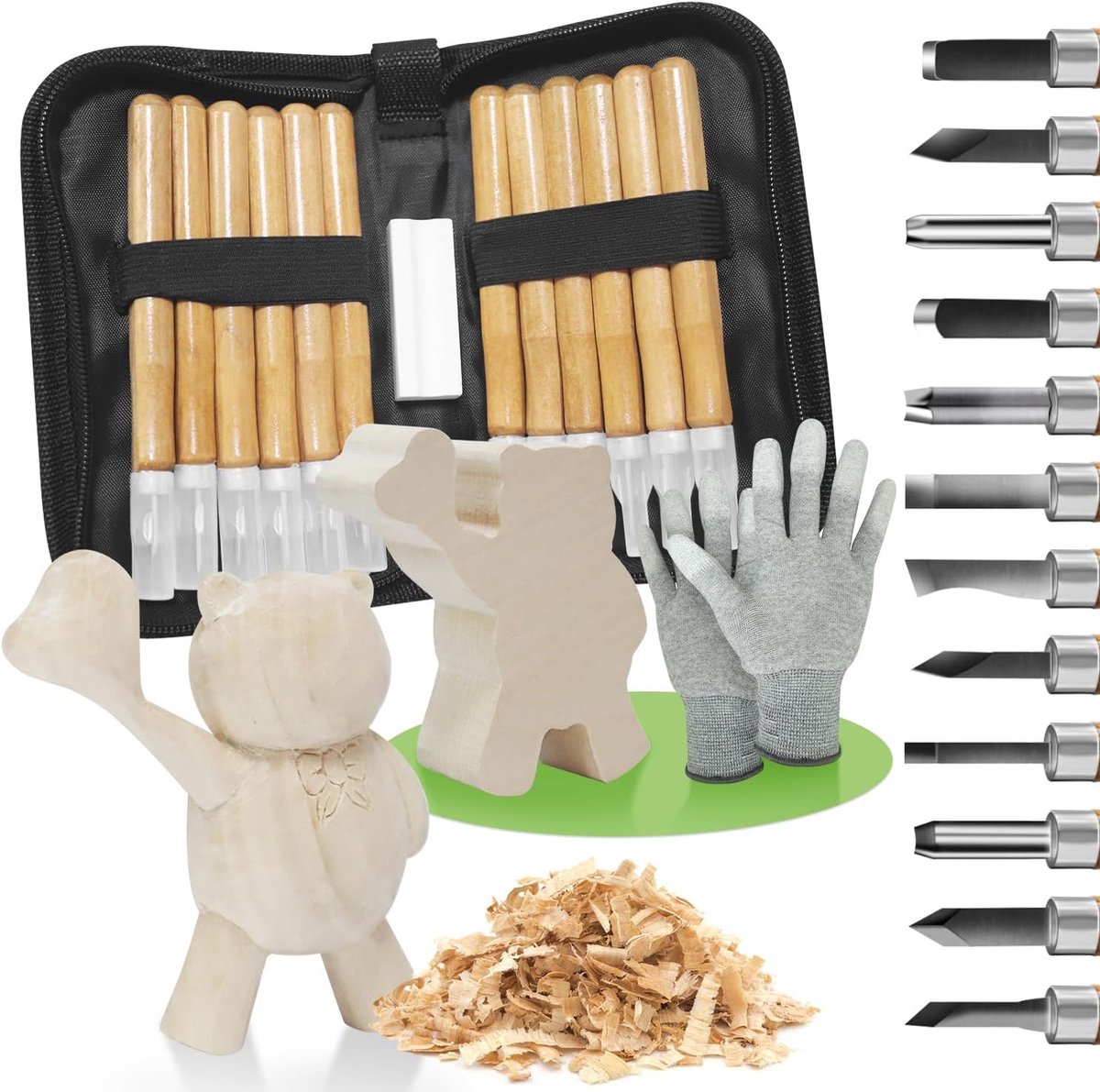 SnelShoppen - 16-delige snijgereedschapset met snijmes, veiligheidschoenen, PU tas - Hout, groenten, fruit snijden - Ergonomisch en stijlvol design vo