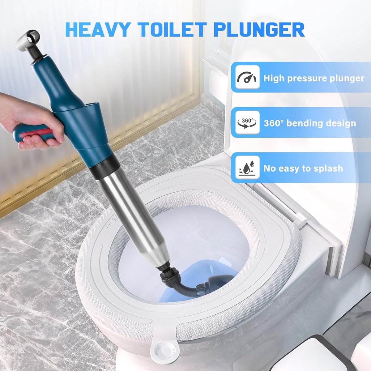 SnelShoppen - Toiletpomp Perslucht Buisreiniger Set met 4 Verwisselbare Koppen - Effectieve Oplossing tegen Verstoppingen voor Wastafel, Toilet, Badka