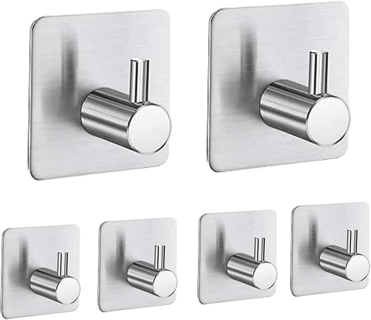 SnelShoppen - Pack van 6 Handdoekhaken Zelfklevend Wandhaken Geen Boren RVS Ideaal voor Badkamer, Toilet, Keuken, Kantoor (Zilver)