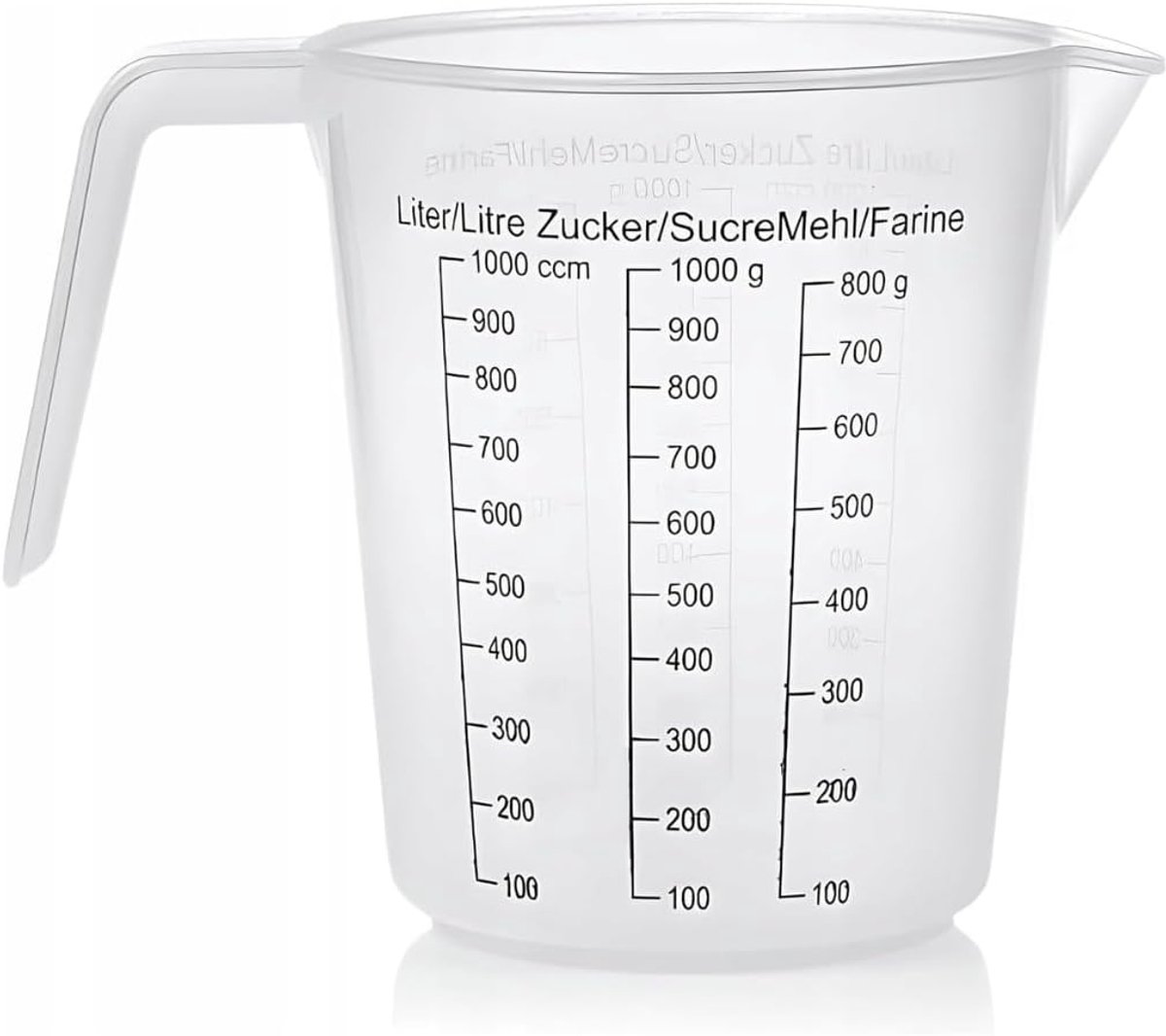 SnelShoppen - 1 Liter Plastic Dispenser met Handvat - Maatbeker voor Vloeistoffen, Suiker en Bloem - Ergonomisch, Duurzaam en Handig voor Keuken, Koke