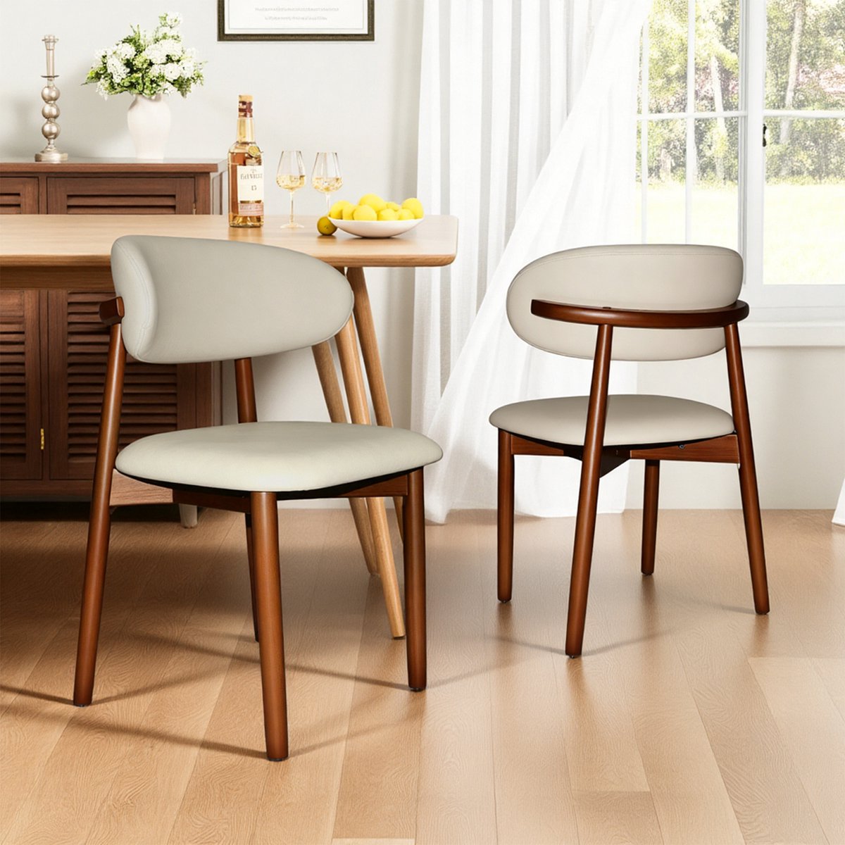 Pugsdrly Moderne eettafelstoelen van massief hout – set met ergonomisch gevormde rugleuning, houten poten en antislipvoetjes, geschikt voor keuken, kantoor en woonkamer (van eikenhout met walnootafwerking, set van 2)