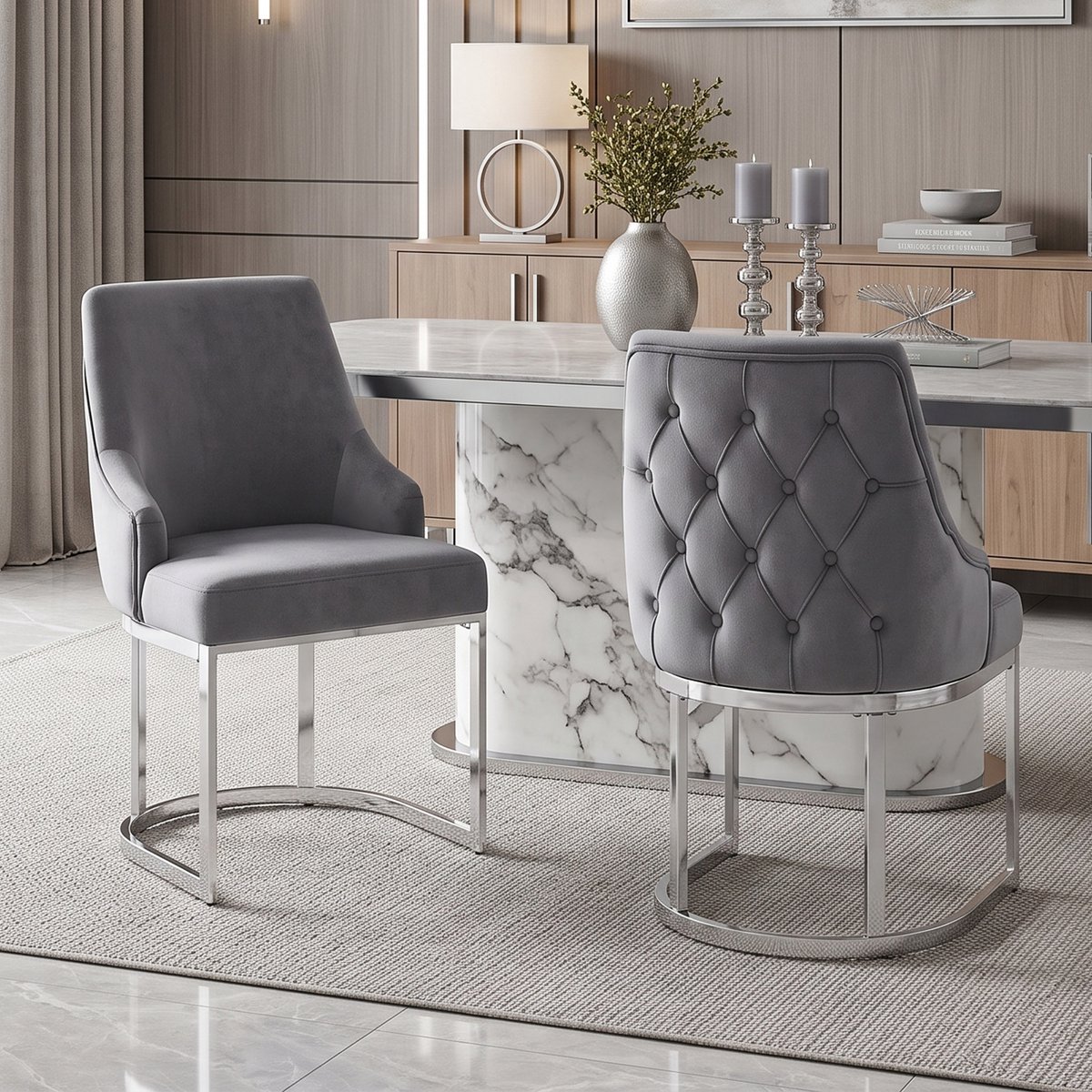Pugsdrly 2 eetkamerstoelen, comfortabel en ademend, geschikt voor restaurants, woonkamers, cafés en andere locaties, moderne stijl, verzilverde stoelpoten, fluweel, grijs + zilver