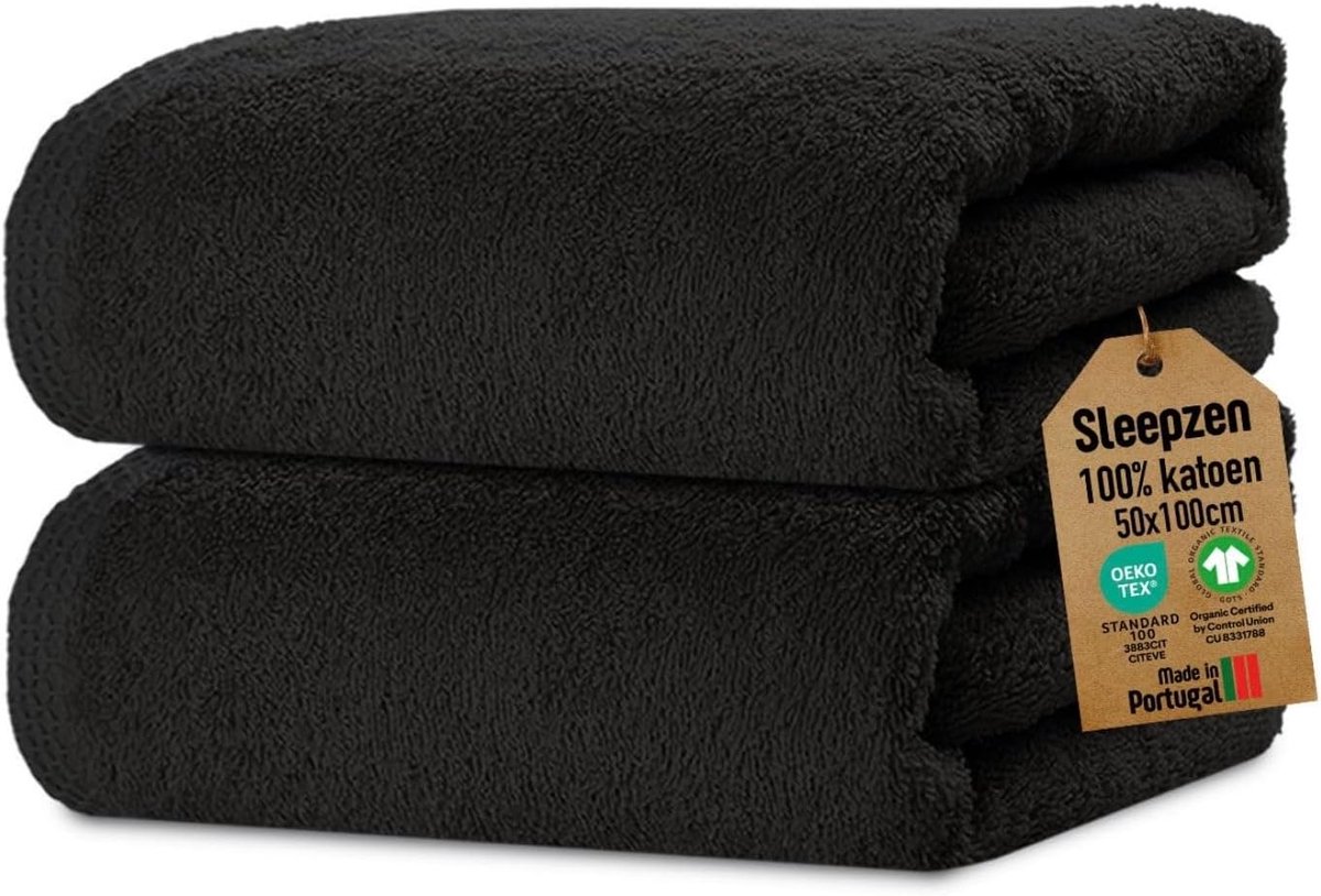 SnelShoppen - Set van 2 Badhanddoeken 50x100 cm - Zwart - GOTS-gecertificeerd Biologisch Katoen - Luxe Zacht - Hoge Absorptie - Oeko-Tex Gecertificeer