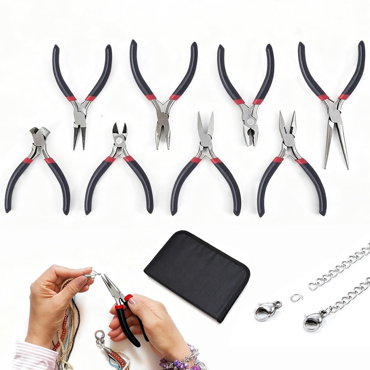 SnelShoppen - 8-delige Sieradentangen Set - Mini Tangen Set met Organizer-Tas - Fijnmechanische Tangen voor Sieraden Maken en Elektronica - Hoogwaardi