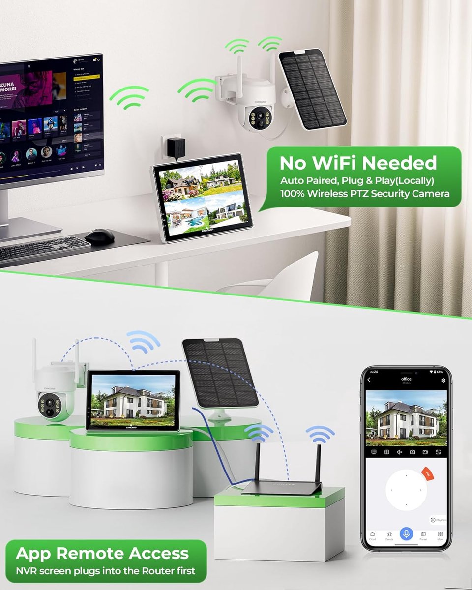 SnelShoppen - Draadloze Solar Beveiligingscamera Set met 10 Inch Monitor, 500GB Hard Disk, 2K PTZ Buiten WiFi Camera, 10CH NVR, HDMI Uitgang, Kleur Na