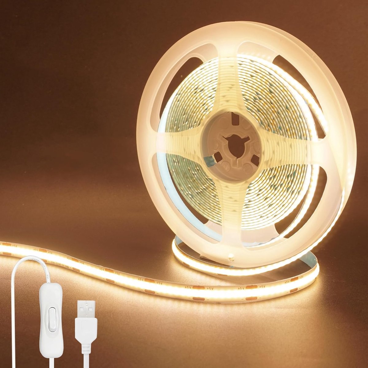 SnelShoppen - 5V USB COB LED Strip Licht met Schakelaar 2Packs, 3M Warm Wit 3000K, 320LED/M, 8mm Breed, Niet Waterproof IP20, 1M USB Kabel voor DIY In