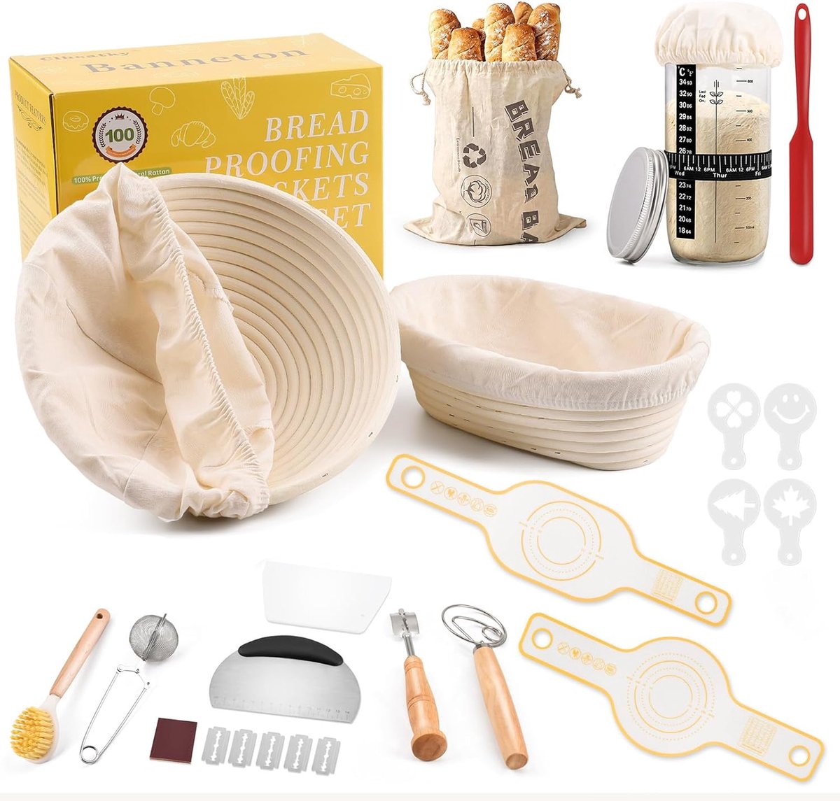 SnelShoppen - Complete Set met Rijsmanden, Silicone Bakmat, Deegschraper, Broodbakken en Keukenaccessoires voor Thuisbakken