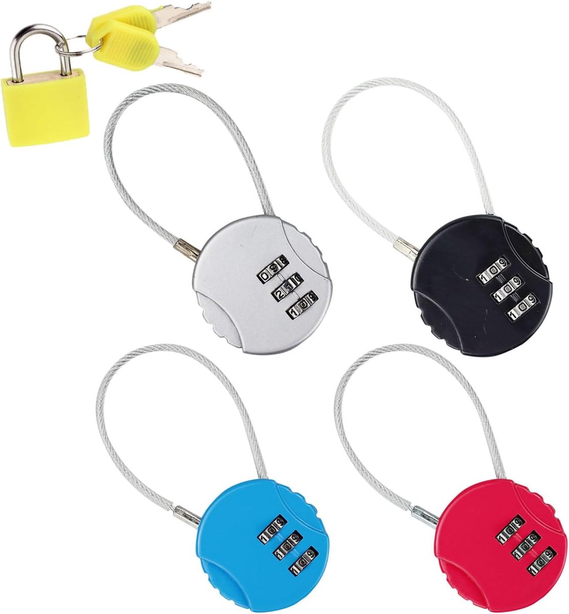 SnelShoppen - Set van 4 Resetbare 3-Cijferige Code Hangsloten, Geel, voor Reis, Bagage, Koffers, Gym, Lockers, Veiligheid, Kabelslot, Meerkleurig