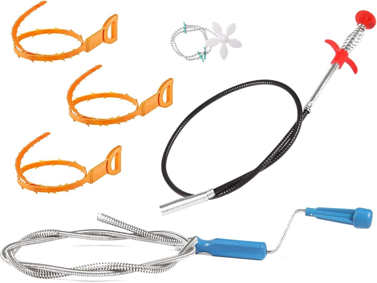 SnelShoppen - Drain Unblocker Tools - 6 Stuks Afvoer Ontstoppingsset, Inclusief RVS Snake, Haarverwijderaar, Flexibele Slangen en Bloem Ontstopper voo