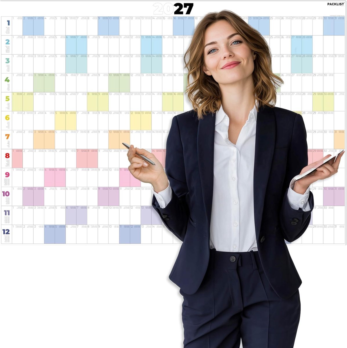 SnelShoppen - Year Planner 2027 XXL - Grote Muurkalender A1 84 x 60 cm - Jaaroverzicht Poster - Multilingual Wandplanner voor Gezin, Kantoor & Studie