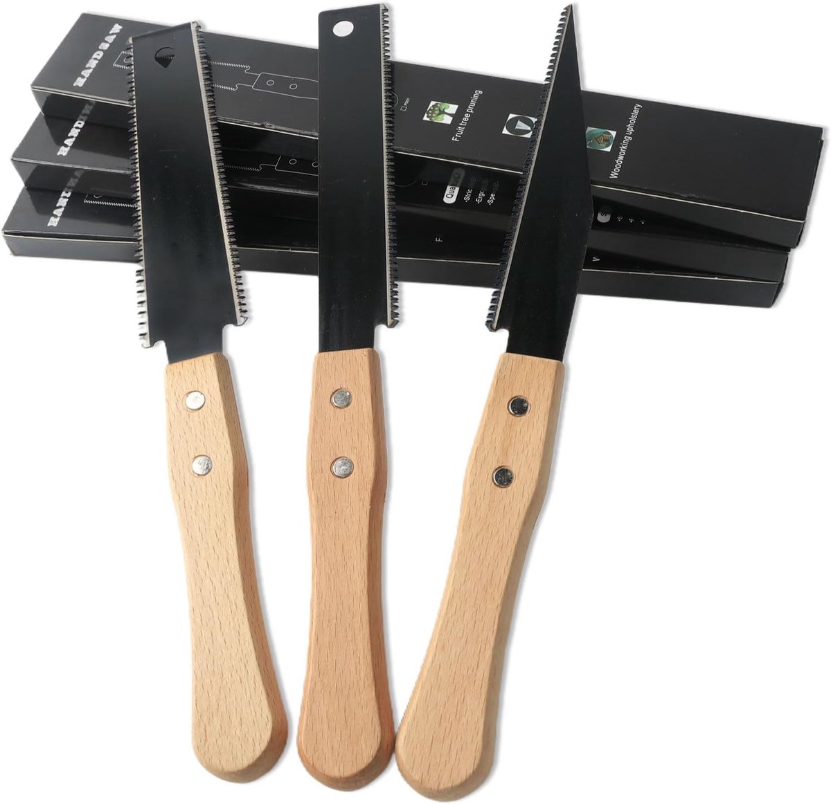 SnelShoppen - Japanse Handzaag Set 3 Stuks: Fijngetande Zaag met Punt, Rechte Zaag en Dubbelzijdige Houtzaag, 96 Tanden 150 mm Lemmet, Beuken Houten H