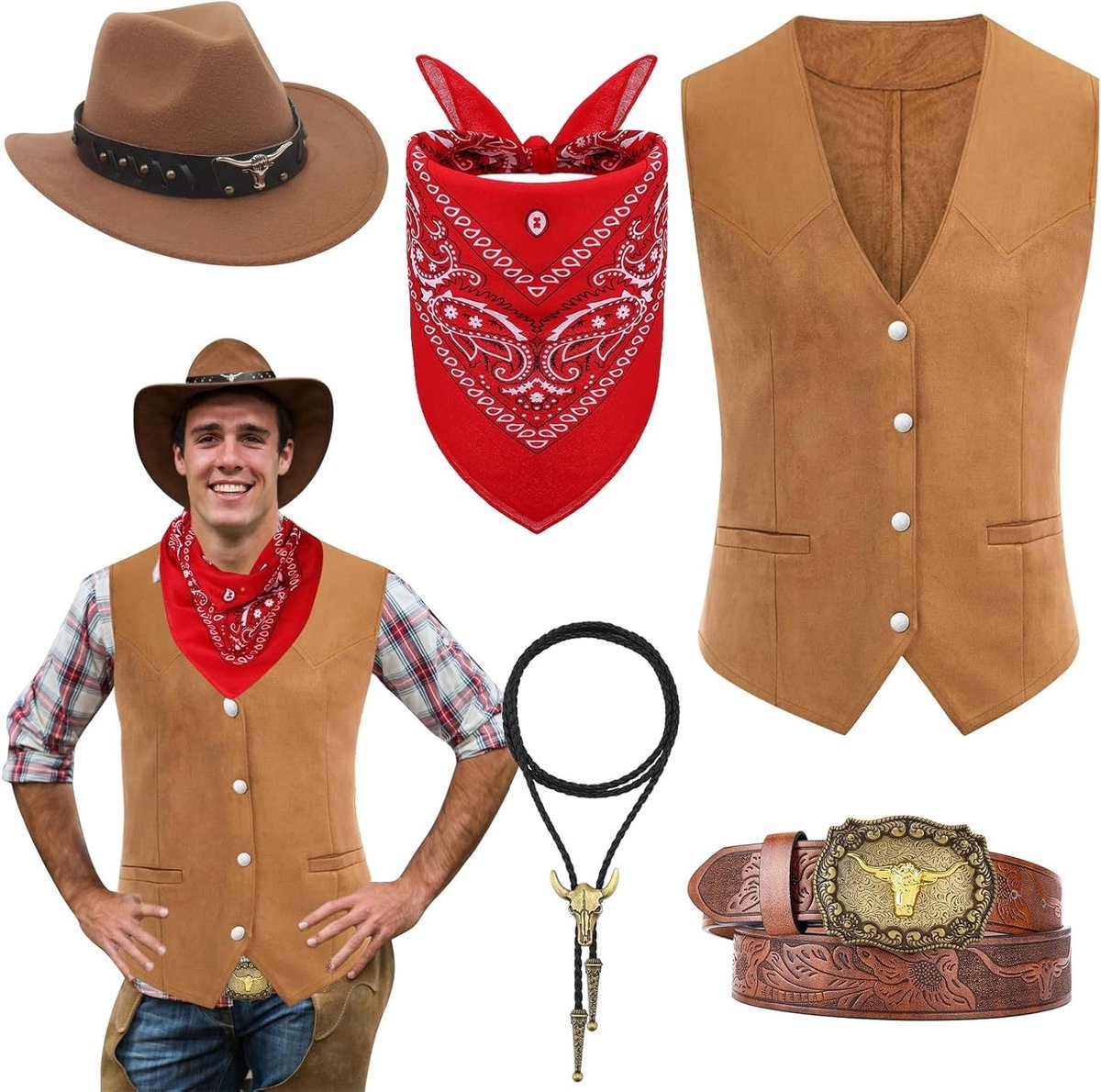 Complete Western Cowboy Kostuum Set met Vest, Hoed, Bandana, Riem en Bull Head Hanger voor Carnaval en Cosplay