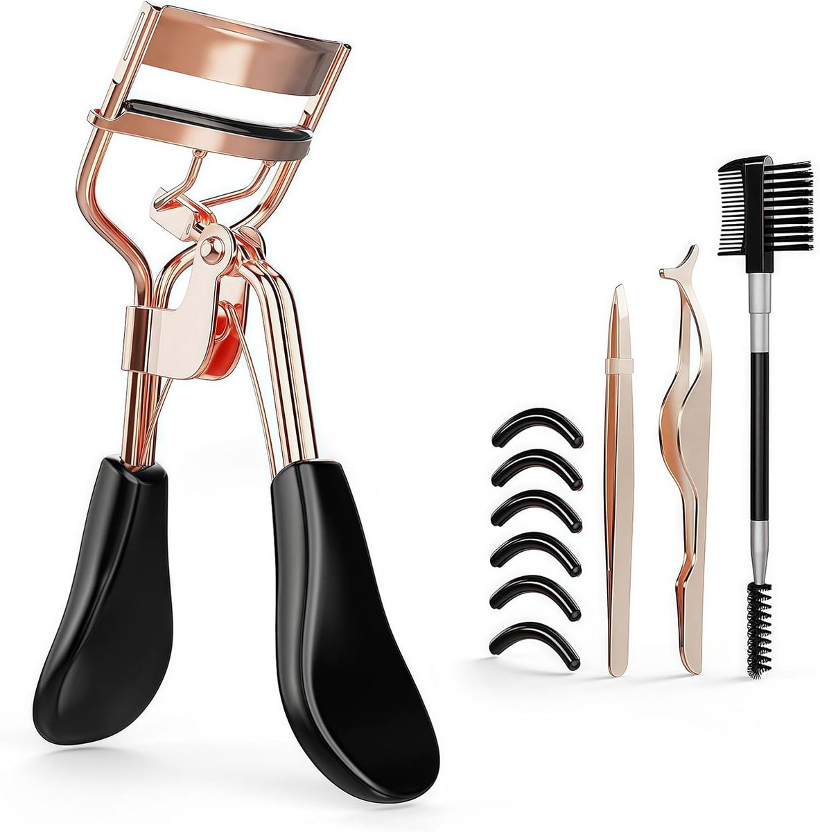 SnelShoppen - Professionele Wimperkrultang Set Roestvrijstaal Ergonomische Greep Inclusief 6 Navulpads Pincet en Borstel voor Natuurlijke Krul en Volu