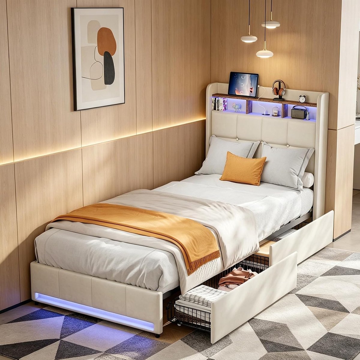 Gestoffeerd Bed - Linnen Bed - Opbergen en Laden - Geïntegreerde USB poorten - 90 x 200 cm - Beige