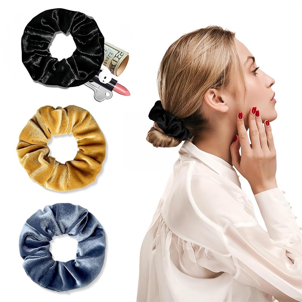 Haarelastiekjes 3 stuks - Fluwelen Scrunchies - Elastische Haarbanden - Verborgen Ritsvak - Reisaccessoires - Zacht en Huidvriendelijk