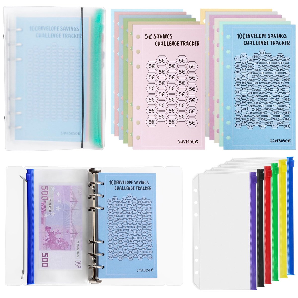 Dailygoods- Budgetmap met Ritsenveloppen - Spaarplanner A6 - Ringband - Veelkleurige Budgetbladen - Budget Binder - Geldorganizer - Budgetplanner