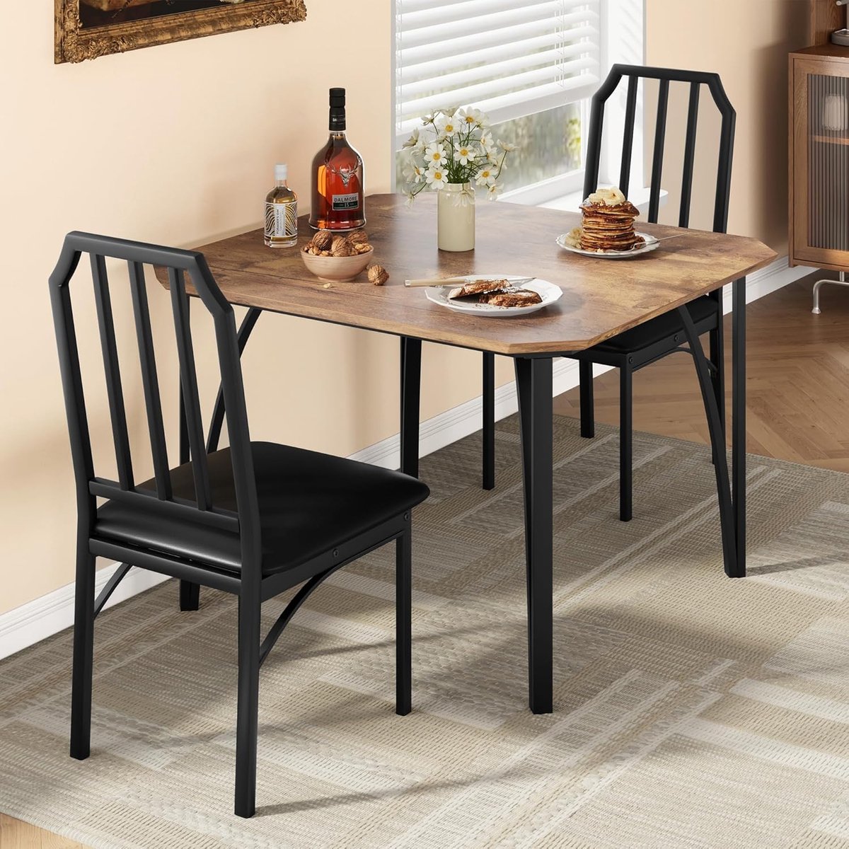 Eettafel Set 3-delig - 74x74x76cm - Eettafel met 2 Beklede Stoelen - Afgeschuinde Hoeken - Compact voor Kleine Ruimtes Appartement of Huis - Bruin