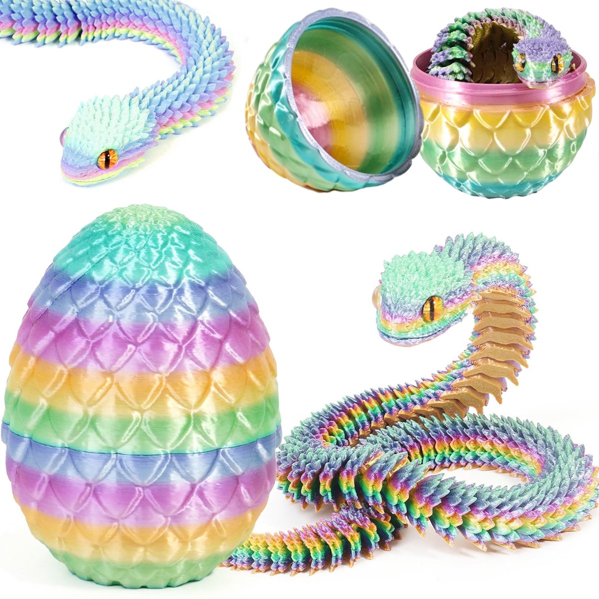 3D Geprinte Slang Speelgoed voor Pasen - Draak Eieren en 3D Geprinte Dieren voor Kinderen, Cadeau en Huisdecoratie (Rainbow)