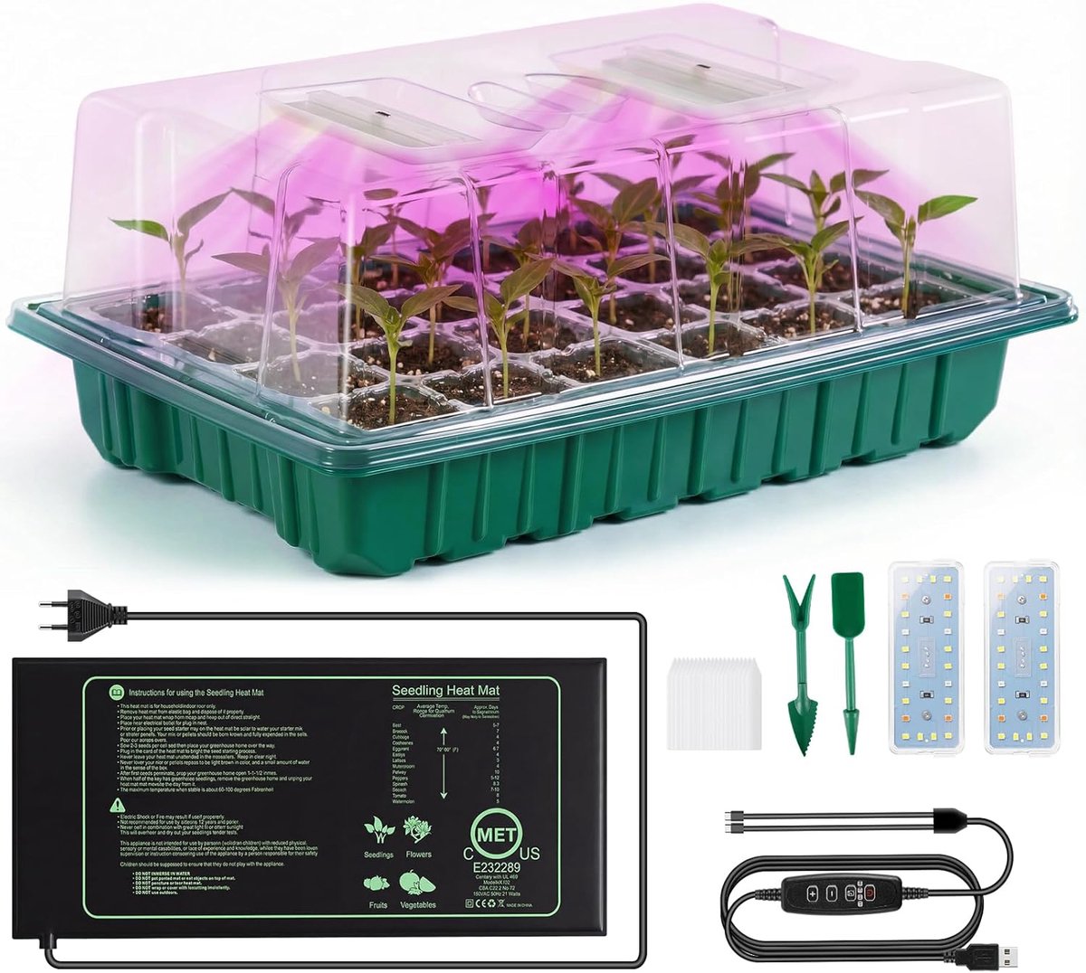 Mini Broeikas - Kweekbak Set - Planten Vermeerderen - Met Kweeklamp Verstelbaar - 24 Cellen - Zwart