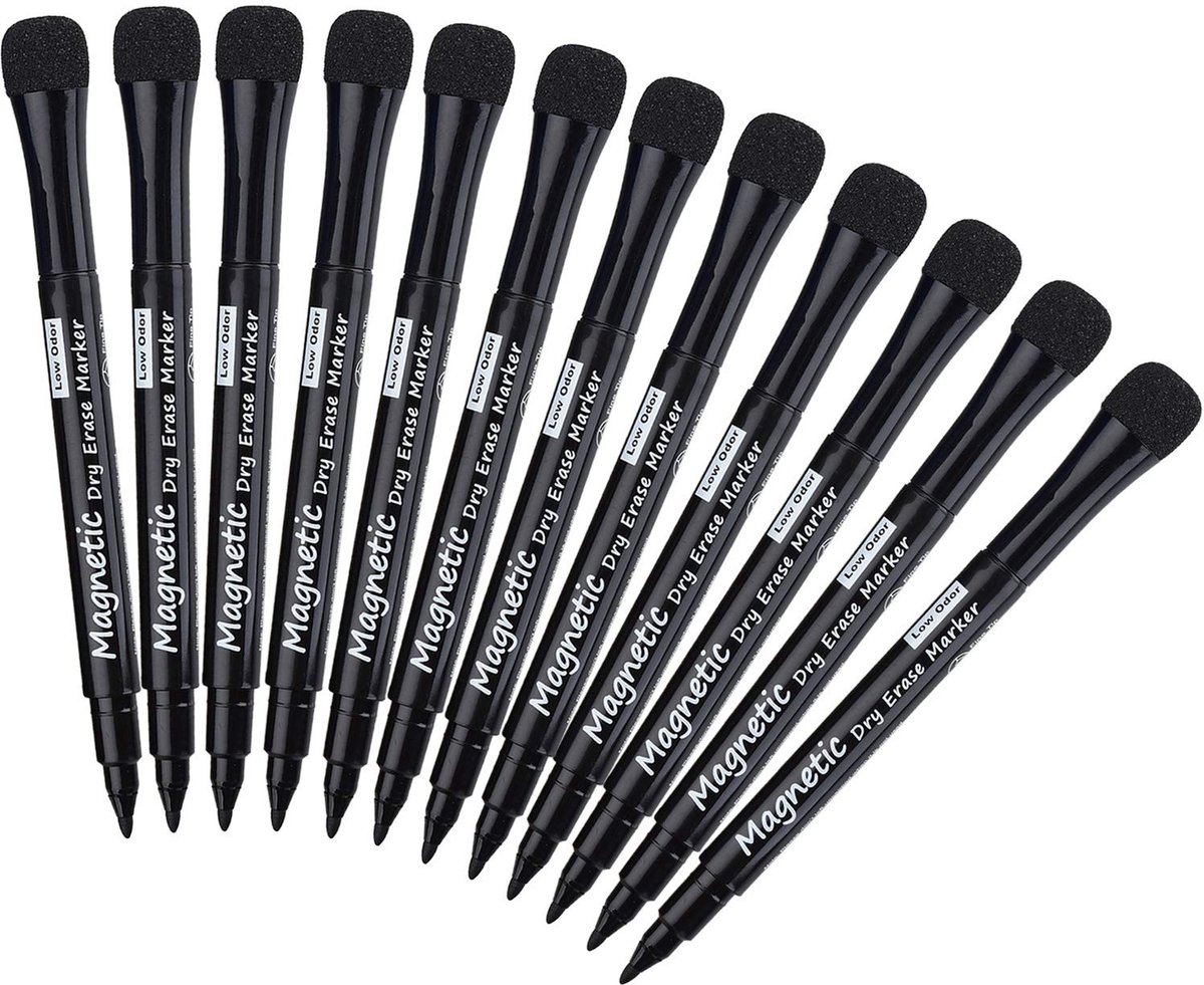 Dailygoods- Whiteboard Marker Set van 12 Stuks - Magnetische Stift met Wisser - Droogt Snel - Uitwisbaar - Ronde Punt 1-2 mm - Voor School/Kantoor - Stiften