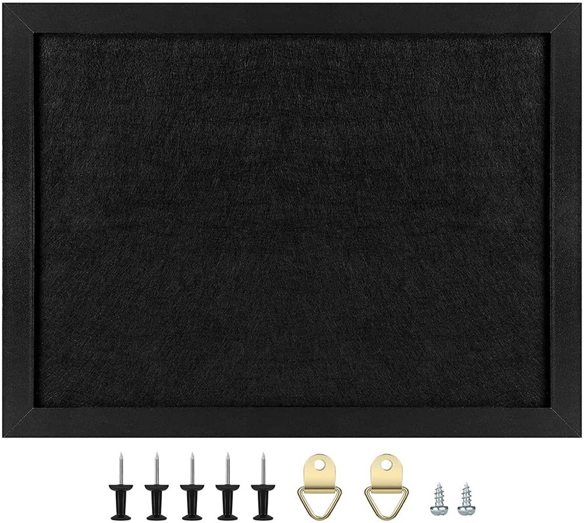 Dailygoods- Prikbord Zwart 43 x 58 cm - Houten Frame - Vilt Prikbord - Memoboard - Inclusief Kurknagels en Haken - Duurzaam en Herbruikbaar - Pinnwand