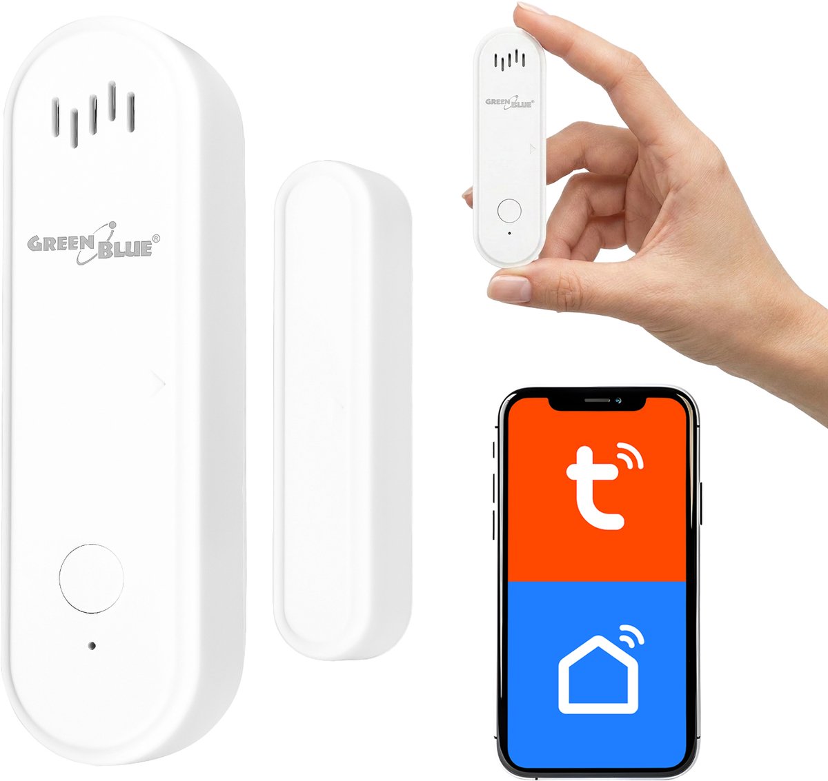 GreenBlue - Tuya slimme wifi- deur en raamsensor - Draadloze reedschakelaar - Alarm - WiFi-openingssensor -3,0 V DC, LR03x2, GB478