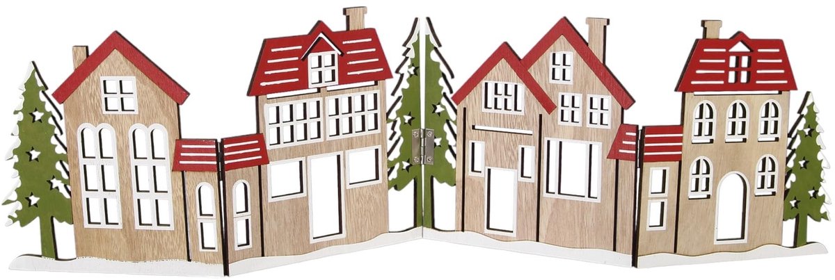 Dailygoods- Winterscène 4-delige set - Houten kerststal - Gezellige huiselijkheid - Winterdorp - 61 x 16,5 cm - Perfect voor kaarslicht - Kerstdecoratie