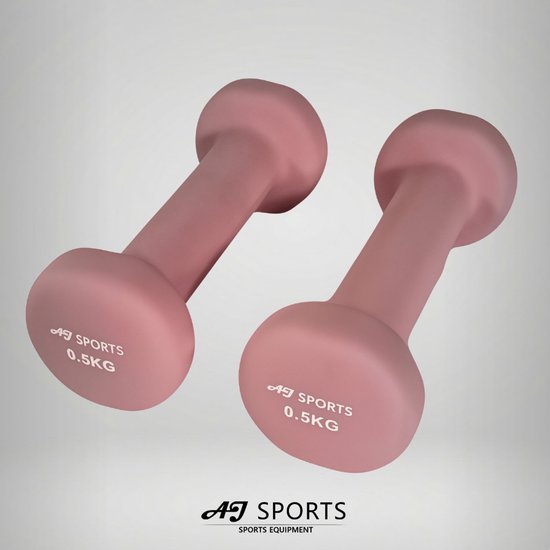 Twee roze dumbbells van 0,5 kg van AJ Sports, met een mat vinyl coating.