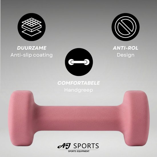 Een roze dumbbell met de tekst 'DUURZAME Anti-slip coating', 'ANTI-ROL Design' en 'COMFORTABELE Handgreep'.