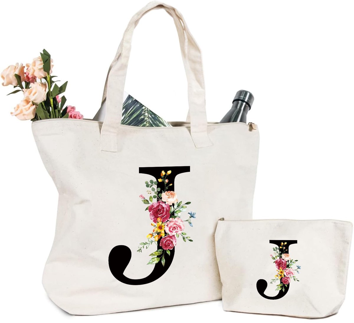 Dailygoods- Linnen Tas met Initialen - Cosmetica Tas - Shopper met Bloemen - Sterke Ritssluiting - Robuuste Handgreep - Cadeau-idee voor Vrouwen - Make-uptas