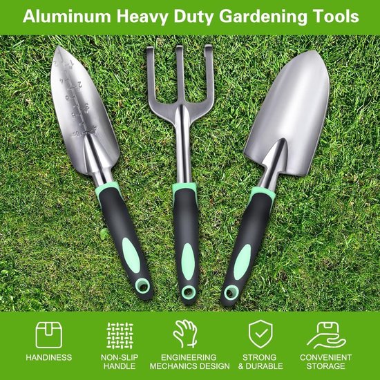 3-delige Tuingereedschapset - Tuingereedschap - Tuingereedschapset voor binnen en buiten - Met zacht rubber - Antislip - Ergonomische handgreep - Geschikt voor tuinieren, planten, potten, wieden, grond losmaken - Groen van Hoffmans — afbeelding 3