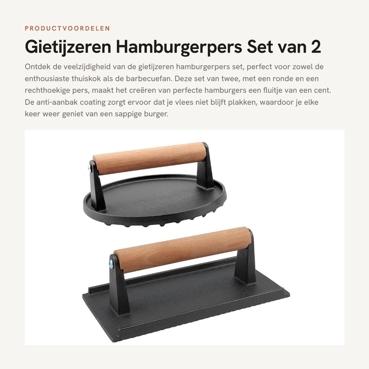 Dailygoods- Hamburgerpers Gietijzer - Set van 2 - Anti-aanbak - Ronde/Rechthoekige Vleespers - Voor Grillen/Barbecue - Stevige Constructie