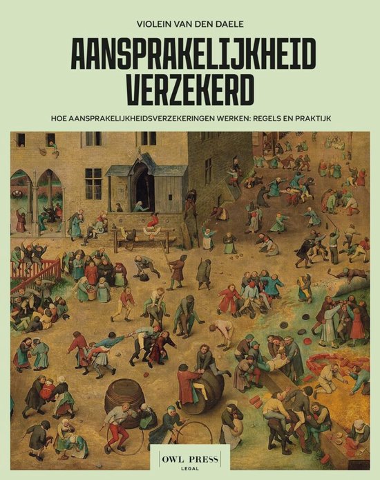Couverture de livre avec le titre 'Aansprakelijkheid verzekerd' et une peinture de Bruegel.