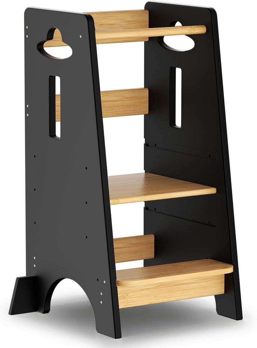 Leertoren voor kinderen - Houten keukentoren - Keukenparticipatie thuis - Verstelbaar in 3 standen - 80 cm hoog - Zwart naturel