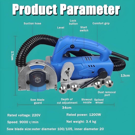 Voegen Reiniger - Tegelmachine - Voegen Uitslijpen - Krachtige 1200W Motor - 34 cm Lengte - Blauw — afbeelding 3