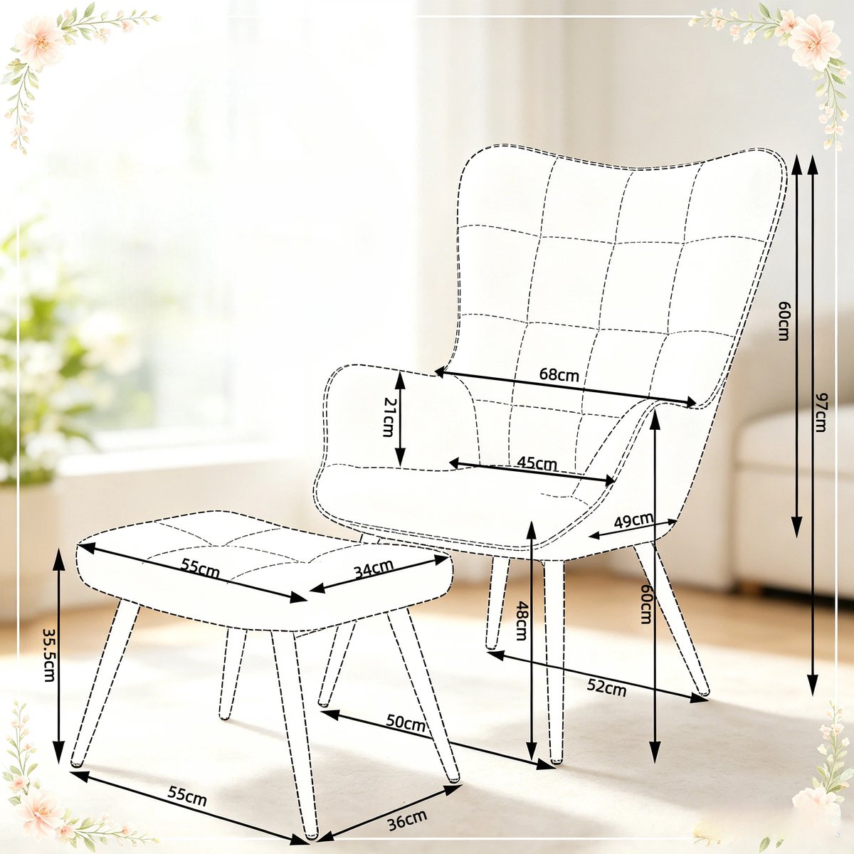 HAUSS SPOLE Fauteuil – Relaxstoel Met Hocker – Comfortabel Met Hoge Rugleuning En Armleuningen – Voor Woonkamer En Slaapkamer – Corduroy Crèmewit
