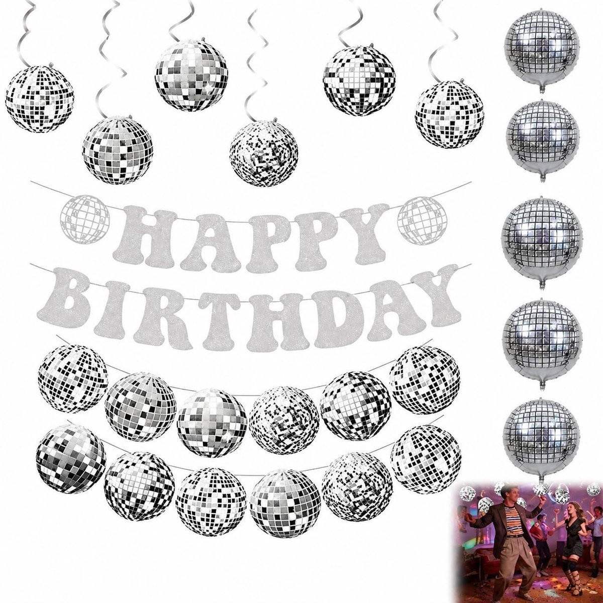 Dailygoods- Verjaardagsdecoratie Set 26 Stuks - Discobal/Slinger - Folieballonnen - Themafeest/Retro - 13 cm/15 cm Kaarten - Gelukkige Verjaardag Banner - Feestdecoratie