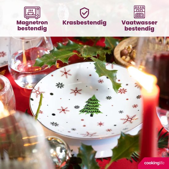 Wit bord met kerstboom, sneeuwvlokken in rood, zwart en groen. Magnetron, kras- en vaatwasserbestendig.