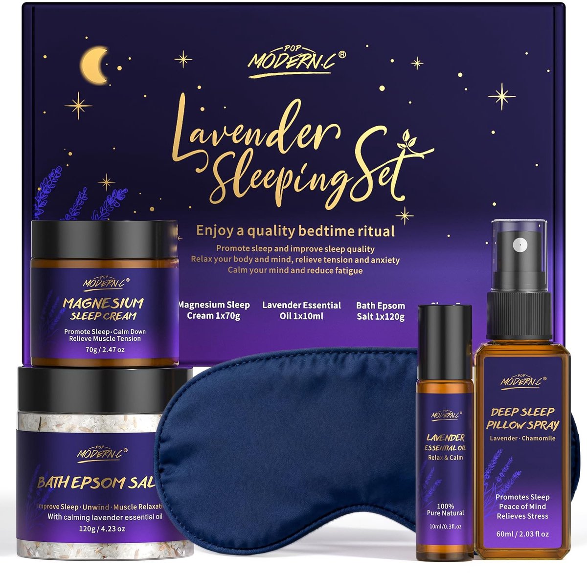 Dailygoods- Slaapset met Natuurlijke Lavendel - Kussenspray - Magnesiumcrème - Etherische Oliën - Epsom-Zout - Slaapmasker