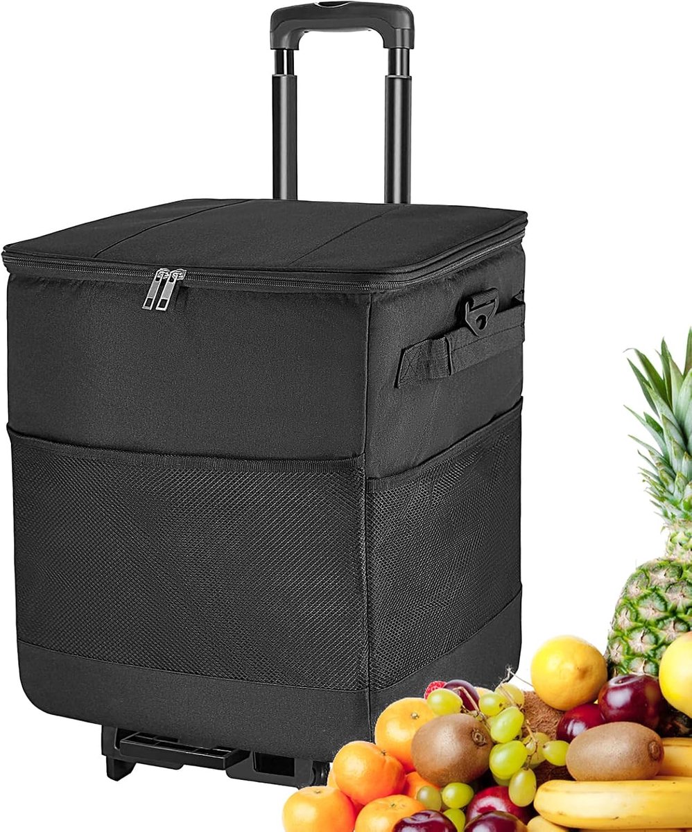 Koelbox met wielen - Isolerende tas - Buitenactiviteiten - Opvouwbaar lichtgewicht frame - 35L capaciteit - Zwart