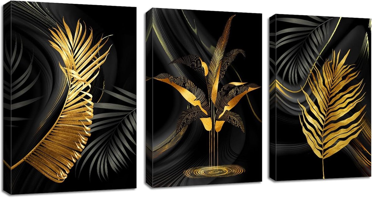 3-Delige Canvas Schilderij Goudkleurige Bladeren en Varens - Botanische Wanddecoratie XXL