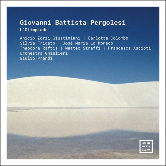 Albumhoes met tekst "Giovanni Battista Pergolesi L'Olimpiade" op achtergrond van zandduinen.