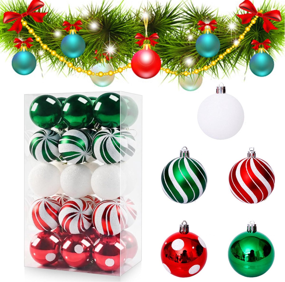 Dailygoods - 30 stuks kunststof kerstballen, ornamenten, 6 cm kerstballen, boomversiering, kerstballenset voor kerstdecoratie, bruiloft, verjaardagsfeest (rood, groen en