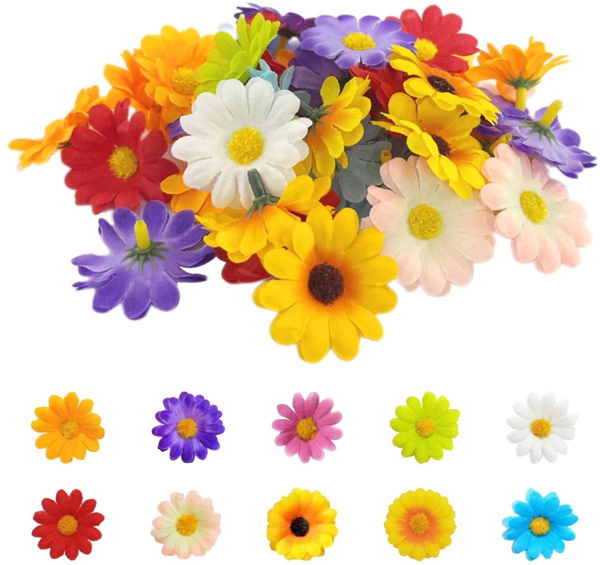 Dailygoods- Kunstbloemkoppen 100 stuks - Madeliefjes - Kunstbloemen - Veelkleurig - Zijde - Duurzaam en onderhoudsvriendelijk
