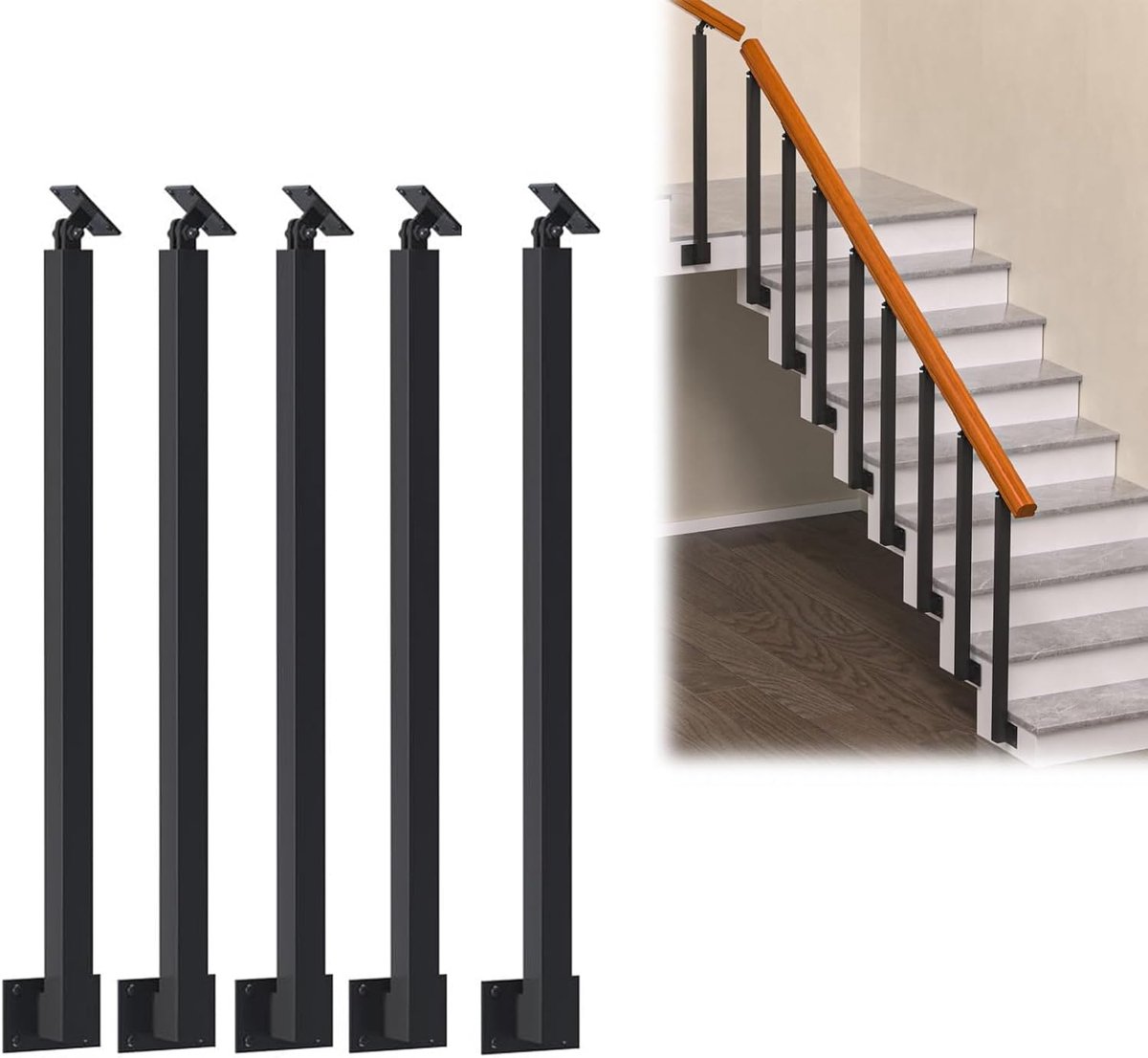 Zijtrapleuningpalen - Balusterpalen - Veilig Traplopen - Verstelbare Houders - 60-120 cm - Zwart